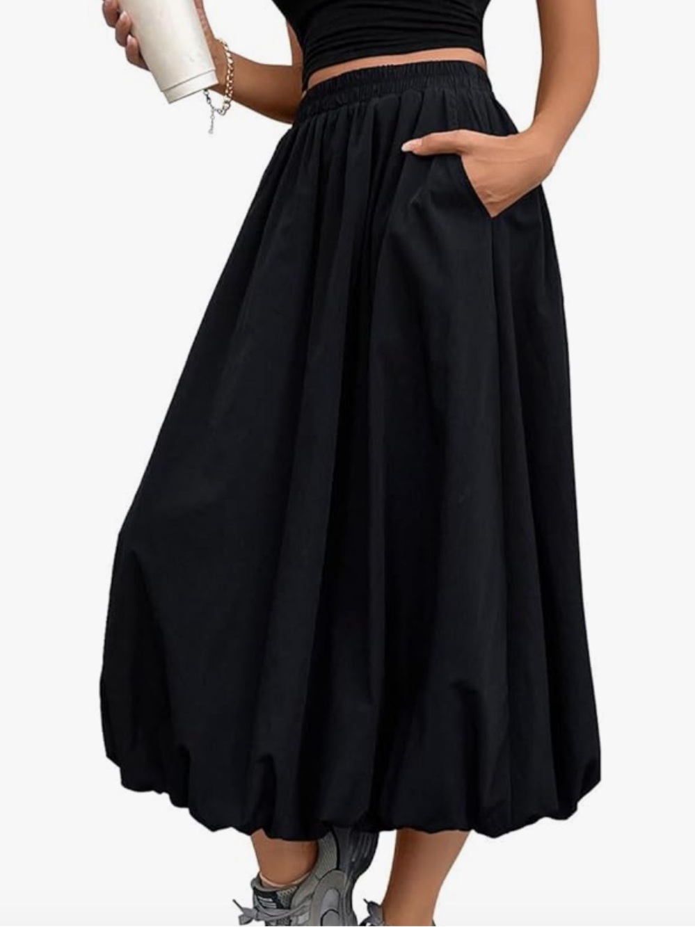 Bubble Midi Skirt Medium Pockets Elastic Waist Black Festival Boho Ballon NWOT